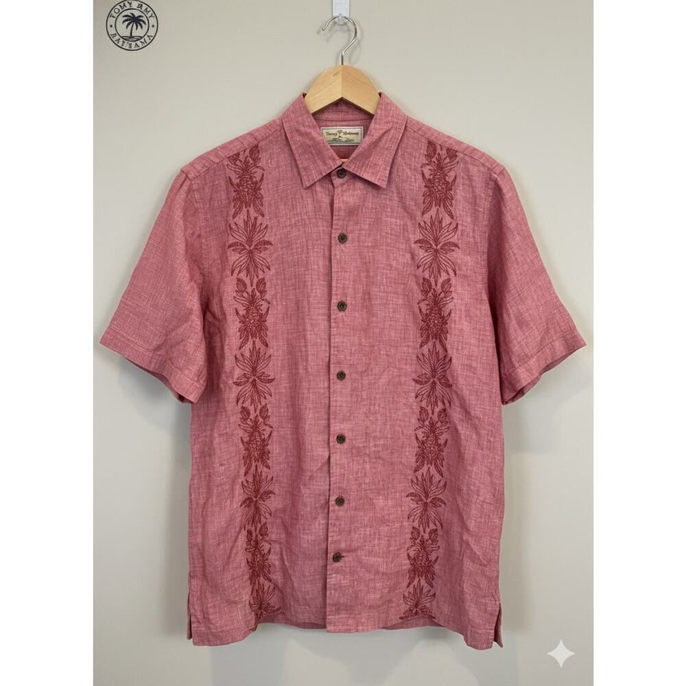 Tommy Bahama Men’s Heathered Red Linen Hawaiian Button Down Shirt M Camp